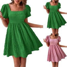 Vestido de verano verde/rosa con volantes para mujer cuello cuadrado columpio