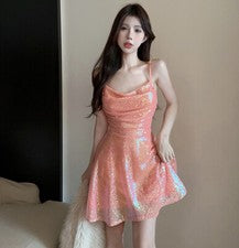 Moda Mujeres Espalda descubierta Lentejuelas Fiesta Línea A Vestido Sexy Fiesta Prendas para club nocturno Baile de grad