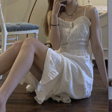 Mujer Moda Suelto Blanco Halter Falda Larga Media Abierta Cintura Alta Vestido Línea A