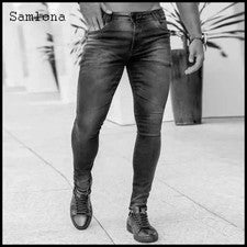 Pantalones de mezclilla ajustados con retazos informales para hombre ropa de calle pantalones de moda