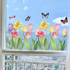 Vibrante calcomanía estática de tulipán y mariposa para vidrio para decoración del hogar