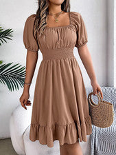 Vestido midi mujer S-XL ocio cuello cuadrado manga corta elegante moda ropa nuevo