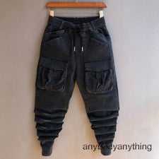 Moda Para Hombres Denim Harén Pantalones Cintura Elástica Ajustados Jeans Bolsillos Informal Pantalón