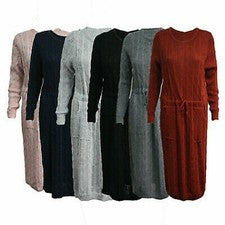 Vestido largo de punto con cable de manga larga para mujer con cuello redondo
