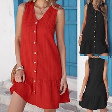 Moda Verano Para Mujer Mini Vestido Calzoncillo Sin Mangas Botón Cuello en V V Vestidos de Playa