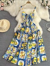 Vestido midi con moño estampado de flores de pasarela de verano para mujer