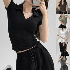 Moda Mujer Estrecha Manga Corta Revers Crop Camiseta Monocromática Allmatch