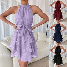 Mujeres Vestido Sin Mangas Cuello en V Corbata Elegante Moda Una Línea Verano Mujeres
