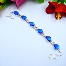Brazalete suizo de plata de ley 925 con piedras preciosas de topacio azul hecho a mano talla 7-8"