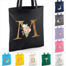 Bolso de Mano Personalizado Floral Dorado Inicial. Regalo de compras de algodón estampado personalizado