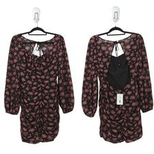Moda Nova Mujeres L NovaVintage Vestido Annie Negro Rosa Floral Acanalado Espalda Abierta