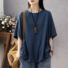 Mujer Moda Verano Retro Cuello Redondo Manga Corta Suelta Camisa Informal Camiseta