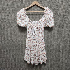 Mini Vestido ANGELE FASHION Para Mujer Blanco Floral Manga Abullonada Talla L