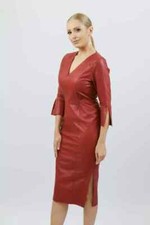 Elegante Vestido Informal Para Mujer Cuero Rojo Nuevo Genuino Piel de Cordero Suave Ropa de Fiesta