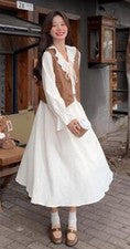 Mujer Moda Retro Chaleco Hada Color Sólido Volantes Suelto Midi Vestido Traje 2 un.