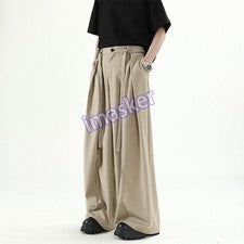 Hombres Moda Verano Caqui Suelto Pierna Ancha Informal Pantalones Plisados Diseño Sen