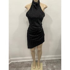 Mini Vestido Halter DO+BE Mujer Pequeño Negro Estrás Asimétrico Acanalado