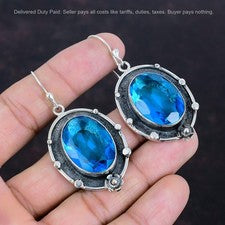 Pendientes de plata 925 con bisel de piedra de topacio azul suizo gancho colgante esposa boda cumpleaños