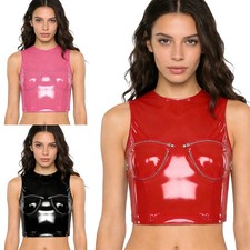 Mujeres Ropa de club nocturno Trajes Top corto Club Tanque Sexy Cuero PU Blusa Moda Chaleco