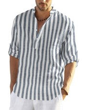 Camisa Henley de Playa Informal Manga Larga Algodón Cáñamo Para Hombre (Rayas Gris Azul, XL)