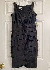 Vestido vaquero London Times Little negro sin mangas en capas para mujer talla 8 nuevo con etiquetas