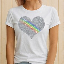 Camiseta Corazón Brillo Mujer Arco Iris Brillo Linda Elegante Moda Amor Regalo