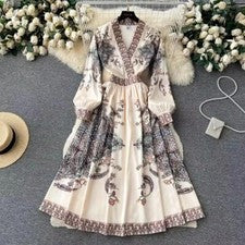 Vestido largo de pasarela de moda de diseñador para mujer cuello en V manga abullonada estampado floral s-xxl