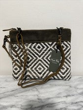 Bolso Bandolera Myra Sienna Cuero Lona Marrón Gris Diamante NUEVO NUEVO CON ETIQUETAS