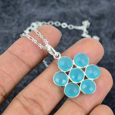 Collar colgante con bisel de calcedonia aguamarina piedras preciosas joyería de plata de ley 925