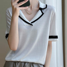 Camiseta Top Para Mujer Moda Solapa Manga Corta Sección Fina Suelta Cómoda