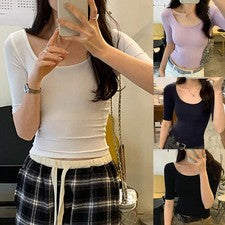 Camiseta para mujer cuello en U manga corta color liso calce regular top poliéster