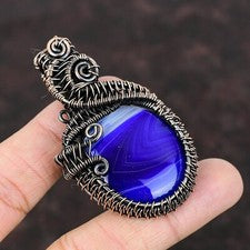 Regalo Para Ella Azul Cobre Ágata Botswana Joyería Alambre Envuelto Colgante 2.56"