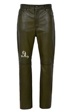 Pantalón de cuero real para hombre verde oliva Napa moda clásica estilo motociclista 501