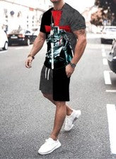Hombre Manga Corta Cruz Roja Gris Negro Guerrero Camiseta Pantalones Cortos SET