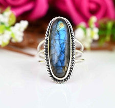 Anillo de labradorita piedras preciosas sólidas de plata de ley 925 maravilloso anillo bonito MK*