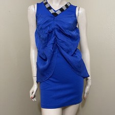Vestido para mujer azul rayón cóctel elástico ajustado con cuentas volantes cremallera mini talla L