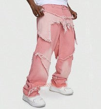 Pantalones de mezclilla de algodón rosa para hombre parche borlas pierna recta moda pantalones punk nuevos