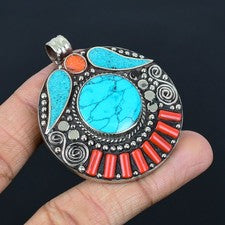 Colgante Nepalí Tibetano Plata de Ley 925 Hecho a Mano Coral Rojo Turquesa 2.2" I08