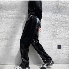 Hombres Punk Imitación Cuero Pantalones Pantalones Brillantes Informales Piernas Rectas Negro PU Moda
