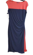 Vestido Chaps Para Mujer M Azul Marino/Coral 2 Tonos Elastizado Ribete Plisado Lateral NUEVO Diseñador Sexy