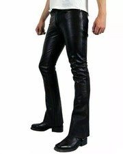 Elegante pantalón de moda 100 % piel de cordero de cuero real negro con fondo...