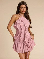 BAE Damen Rosa Neckholder Plissee Minikleid für Partynächte