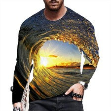 ⭐⭐Camiseta Hombre Manga Larga 3D Ola Impresión Gráfico Casual Aptitud Física Tee