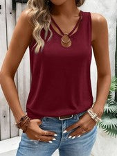 Camiseta informal para mujer con cuello en V con anillo circular acento medio elástico, talla XXL