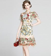 Vestido de fiesta floral de moda para mujer con cuello trasero cremallera mangas cortas hasta la rodilla