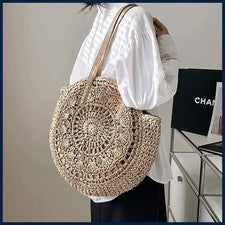 Bolso de hombro redondo de paja para mujer de vacaciones tejido de playa hueco de gran capacidad