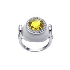 Anillo de cañón círculo circonita cúbica centro amarillo esmalte blanco chapado en rodio 925 de plata