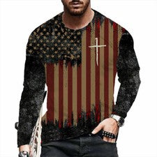 Camiseta Para Hombre Envejecida Bandera Americana EE. UU. Cruz Manga Larga Patriótica Sedosa Camiseta