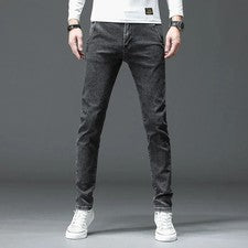 Pantalones de mezclilla gris oscuro para hombre clásicos ajustados elásticos informales moda juvenil S (30)