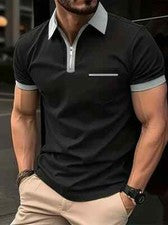 Polo Camisetas Hombres Cremalera Cuello Negro 2 Tono Gris Recorte Bolsillo Moda